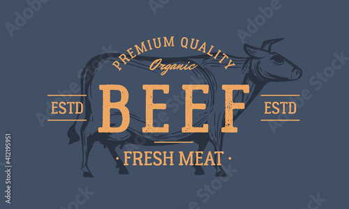 Beef logo. Cow isolated on dark blue background. Cow silhouette. Beef meat vintage logo. Emblem for butcher shop, steak house, restaurant. Vector illustration