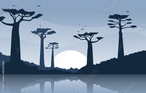 Fotomurale Baobab Tree with Oasis Savanna Landscape Africa Wildlife Illustration