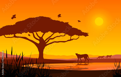 Cheetah Tree Oasis Animal Savanna Landscape Africa Wildlife Illustration
