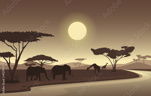 Elephant Giraffe Oasis Animal Savanna Landscape Africa Wildlife Illustration