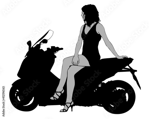 Beauty women on sports motorcycle. Isolated silhouette on a white background