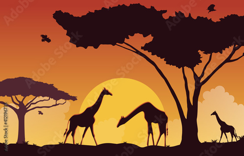 Giraffe Sunset Animal Savanna Landscape Africa Wildlife Illustration