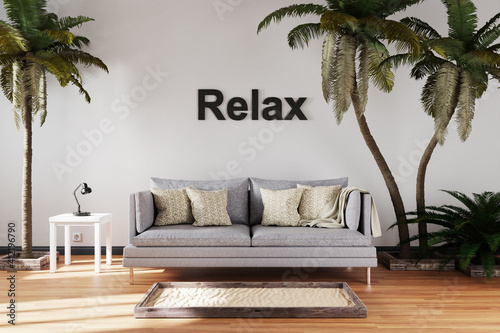 canceled vacation and stay at home concept due travel restrictions; elegant living room interior with single vintage sofa between large palm trees; relax; 3D Illustration photo