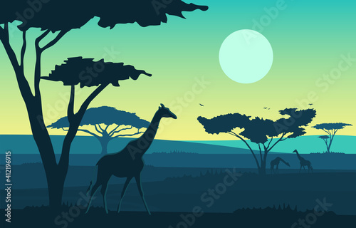 Giraffe Tree Animal Savanna Landscape Africa Wildlife Illustration