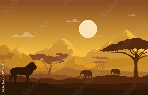 Fotografia Lion Elephant Animal Savanna Landscape Africa Wildlife Illustration