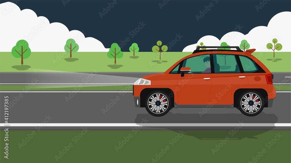 Driving man in personnel car orange color.  Drive on the asphalt road alone with turn light at night. Environment of green meadow and trees.