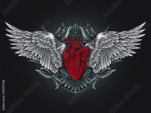 artwork illustration and t-shirt design heart with angel wing engraving ornament