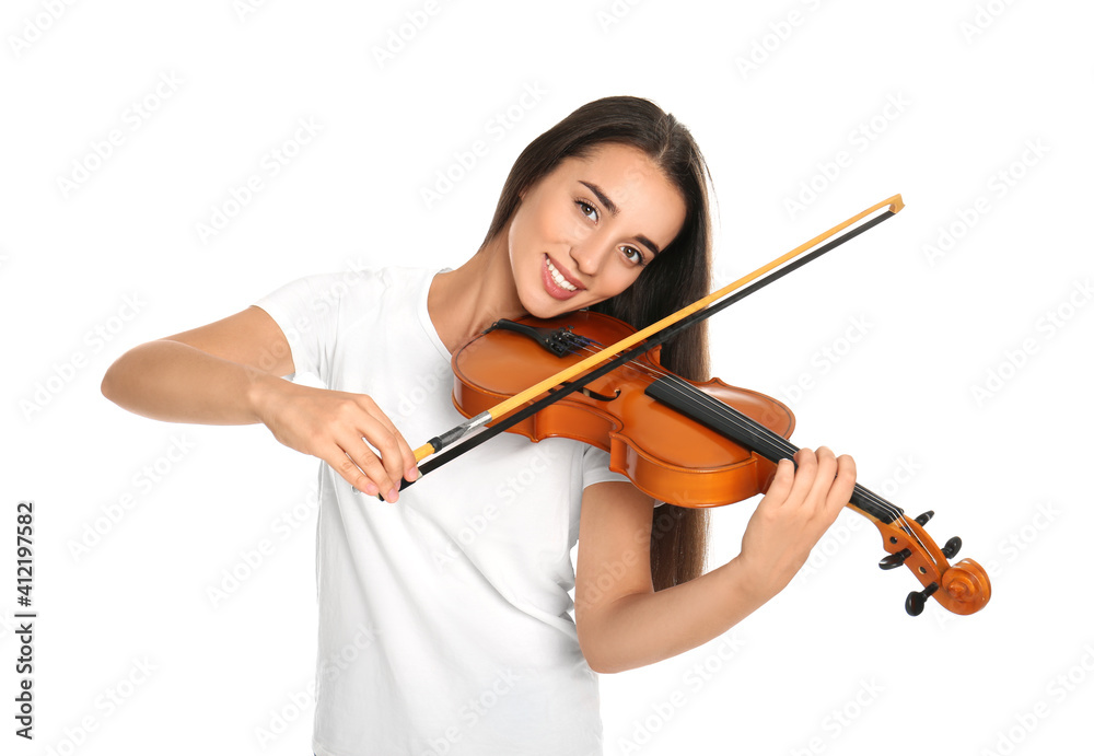 Beautiful woman playing violin on white background Beautiful woman playing violin on white background