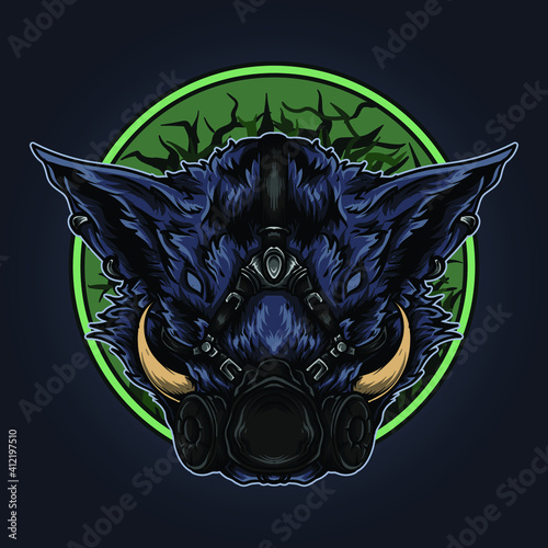 artwork illustration and t-shirt design boar with gas mask