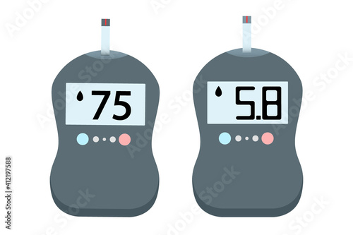 Set Electronic Glucometer with normal values. Diabetes blood glucose test. Diabetes control and diagnostics. Medical apparatus blood meter. Vector stock illustration on white background.