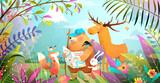 Group of animals friends hiking in magic forest with leaves flowers and mountains. Nature landscape with adventurous bear rabbit fox and moose looking at the map. Vector illustration for kids.