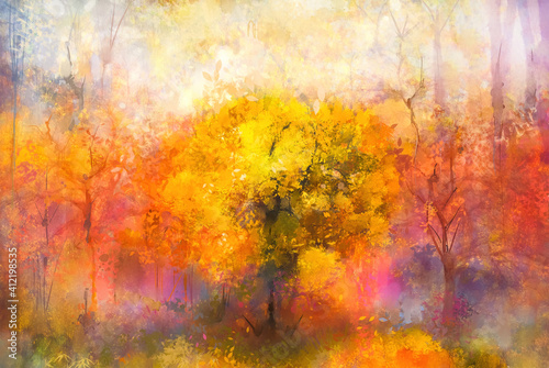 Fototapeta Illustration soft colorful autumn forest. Abstract fall season, yellow and red leaf on tree, outdoor landscape. Nature painting pastel design with watercolor paint. Modern art for wallpaper background