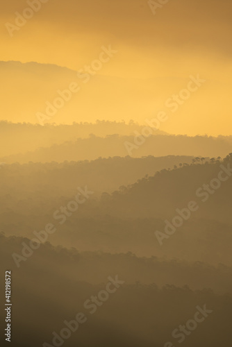 nature landscape view, mountain layers sunset in gold yellow color, concept of freedom relax using for spa and natural healing therapy, sky sun light with hill scenic, travel outdoors