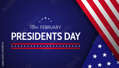 18th february Presidents day horizontal banner design with USA flag elements and white stars with red lines on blue background. - Vector