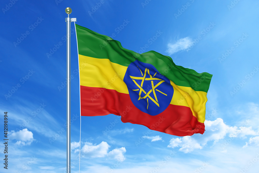 Ethiopia flag waving on a high quality blue cloudy sky, 3d illustration Ethiopia flag waving on a high quality blue cloudy sky, 3d illustration