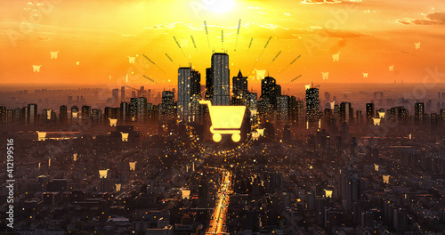 Shopping Symbol Slowly Shining Over The City. E-Commerce And Business Related Concept 3D Illustration Render