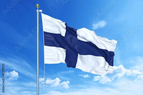 Canvas Print Finland flag waving on a high quality blue cloudy sky, 3d illustration