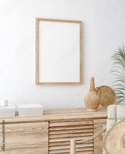 Mock up frame in home interior background, white room with natural wooden furniture, Scandi-Boho style, 3d render