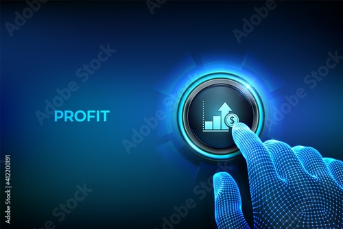 Profit button. Business growth. Finance concept of profitability or return on investment. Closeup finger about to press a button with profit symbol. Just push the button. Vector illustration.