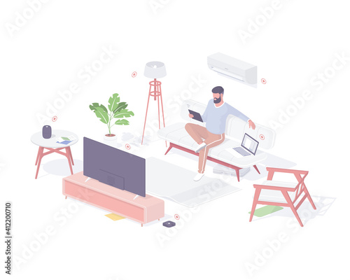 Man connects devices smart home isometric concept. Male character with tablet is setting up electronics shared.