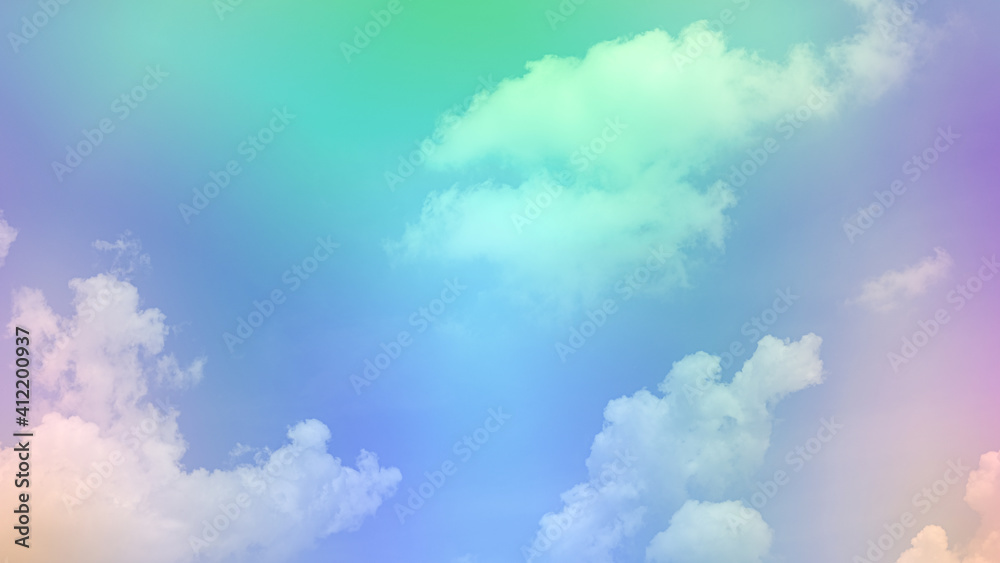 beauty soft green sweet pastel with fluffy clouds on sky. multi color rainbow image. abstract fantasy growing light