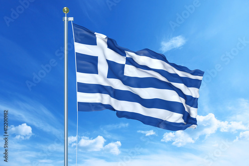 Greece flag waving on a high quality blue cloudy sky, 3d illustration