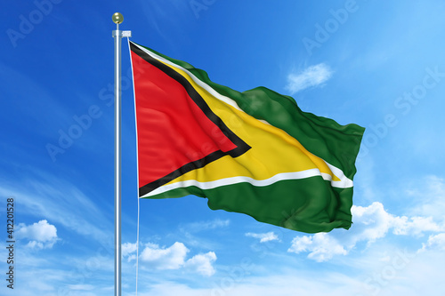 Guyana flag waving on a high quality blue cloudy sky, 3d illustration