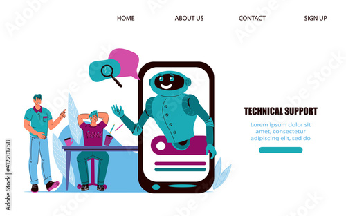 Website banner of technical support service chatbot hotline operator advises clients, cartoon vector illustration. Online technical support 24-7 and artificial intelligence.