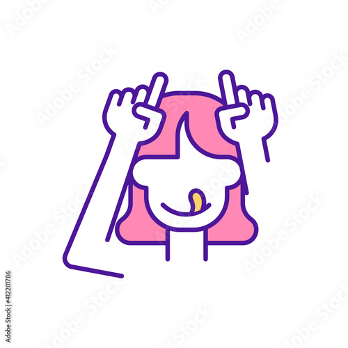 Fun activity RGB color icon. Girl show tongue. Entertainment for children. Leisure, spending time playing. Childcare and preschool kids care. Early childhood development. Isolated vector illustration