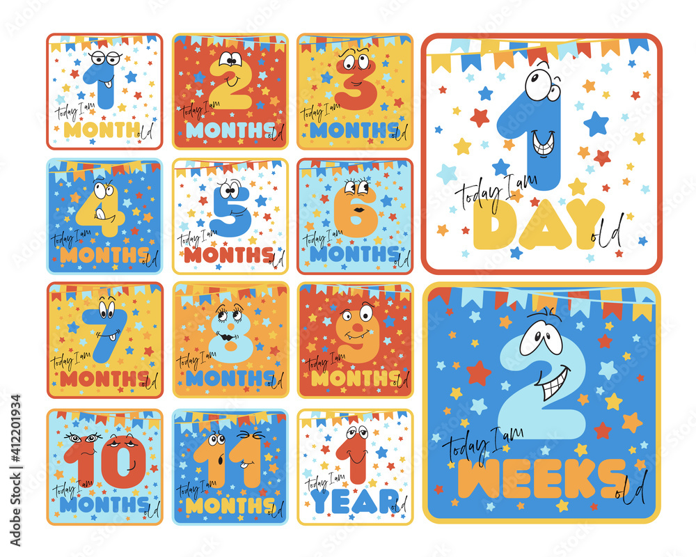 Set of milestone baby cards. Colorful, bright, fun stock vector illustration with facial expressions, pennant banner party decoration. Printed stickers for birthday celebration and photo memories.  