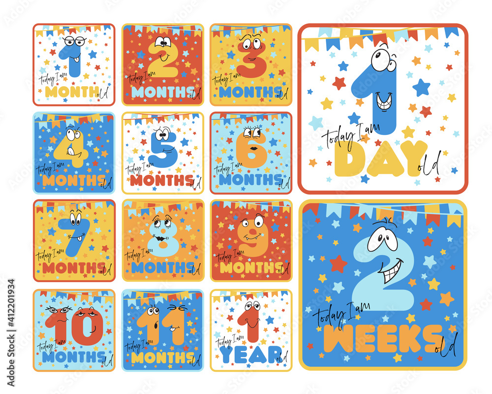 Set of milestone baby cards. Colorful, bright, fun stock vector illustration with facial expressions, pennant banner party decoration. Printed stickers for birthday celebration and photo memories. Set of milestone baby cards. Colorful, bright, fun stock vector illustration with facial expressions, pennant banner party decoration. Printed stickers for birthday celebration and photo memories.