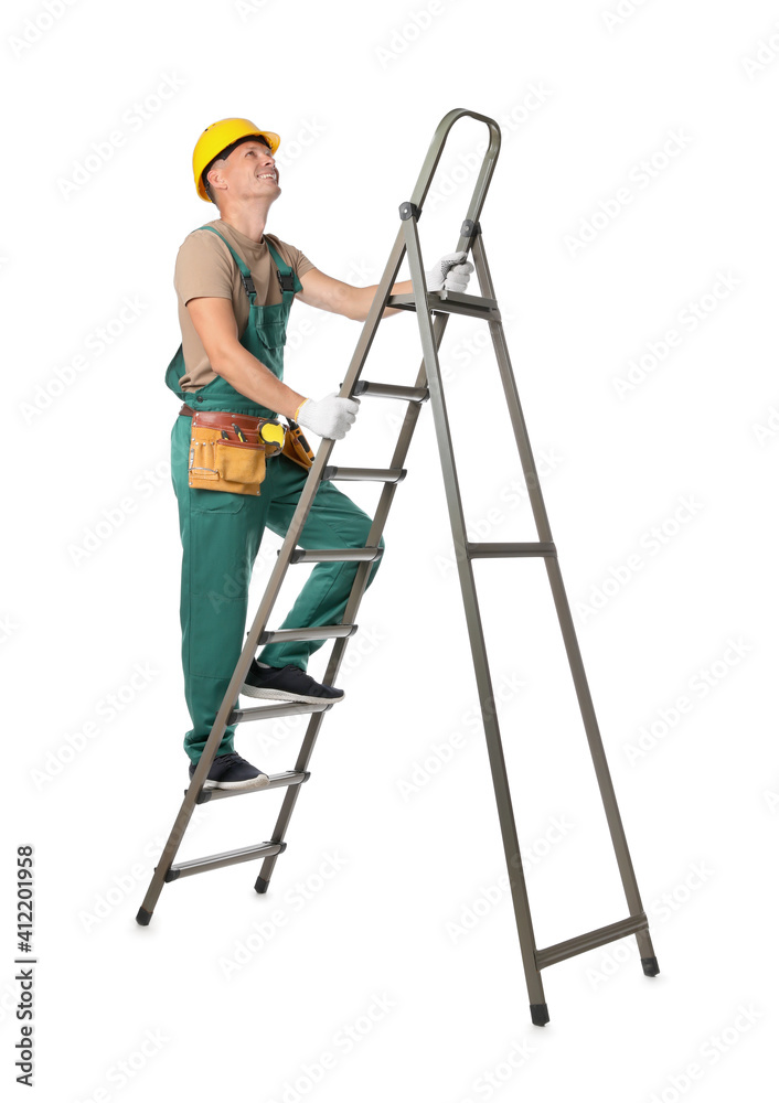Professional constructor climbing ladder on white background Professional constructor climbing ladder on white background