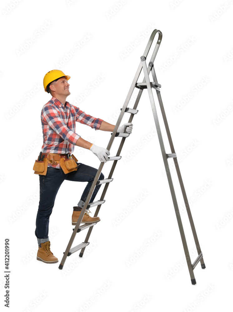 Professional constructor climbing ladder on white background Professional constructor climbing ladder on white background