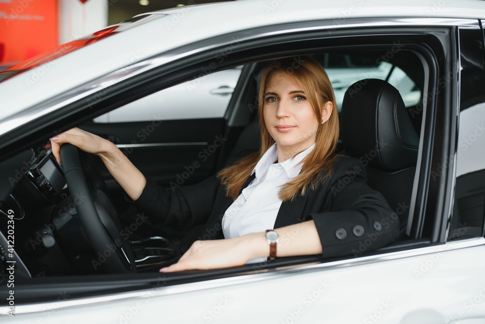 beautiful woman sitting at the wheel of a car