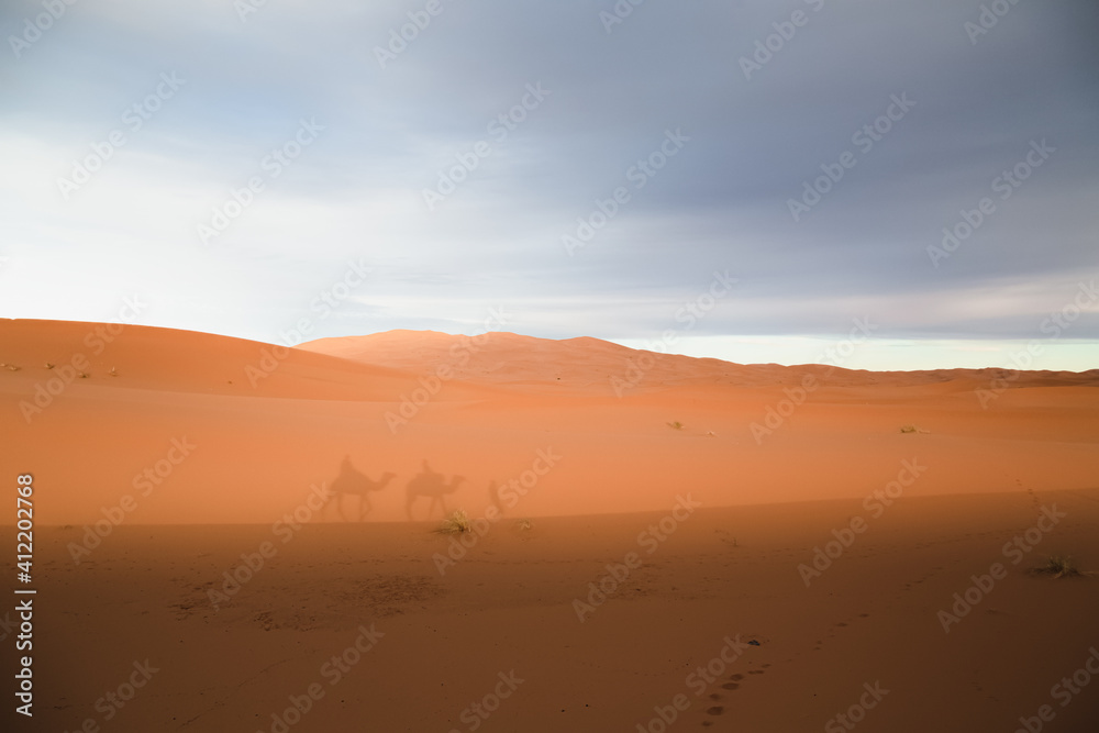 A camelback caravan excursion casts shadows on the golden desert sand dunes of Erg Chebbi near the village of Merzouga in southeastern Morocco.