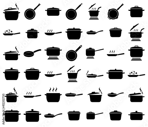 Frying pan and pan set icon. Cooking , roasting food logo isolated on white background