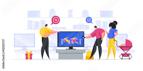 Modern family buying TV set in shop