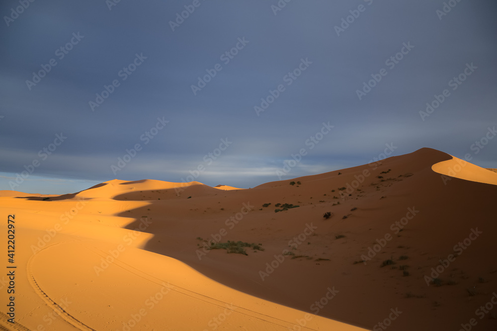 Dramatic shadow and light over the desert sand dune landscape of Erg Chebbi near the village of Merzouga in southeastern Morocco.