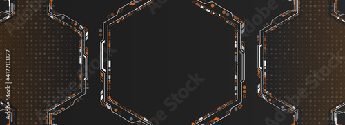 Wide modern hi-tech illustration. Sci fi technology background. Futuristic black background with hexagons and glowing lines.