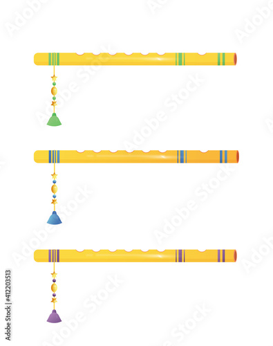 Set of beautiful golden flutes. Indian musical instrument.