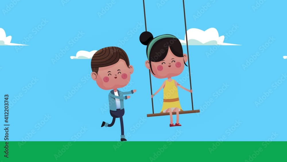 cute little lovers couple with girl in swing characters cute little lovers couple with girl in swing characters