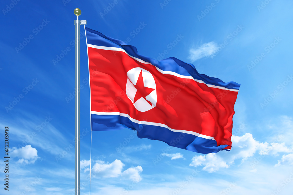 North Korea flag waving on a high quality blue cloudy sky, 3d illustration