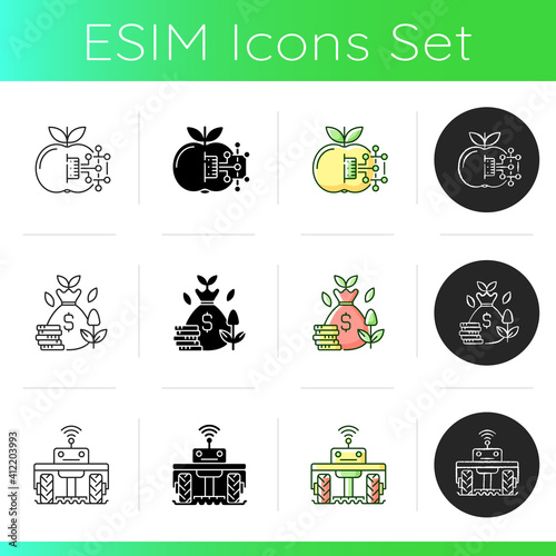 Smart farm system icons set. Innovation technology. Industry automatization. Digital agrotechnology. Silhouette symbols. Linear, black and RGB color styles. Isolated vector illustrations