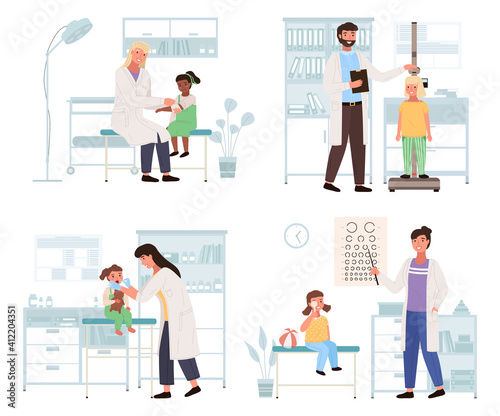 A set of illustrations on the topic of work with small patients in hospital. Children visiting the pediatrician. Doctor checks the eyes, throat and height of children. Orthopedist treats a girl