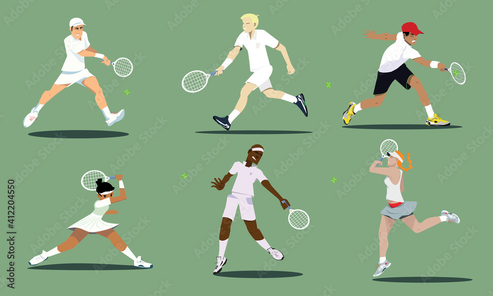 Vecteur Stock Group of tennis players in a tennis match. Set of male