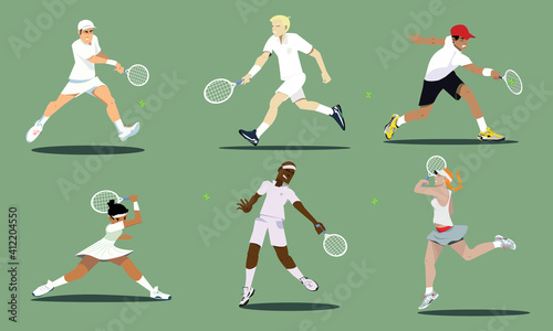 Group of tennis players in a tennis match. Set of male and female tennis players holding rackets and serving playing a game of tennis. Isolated cartoon vector Illustration of  tennis players. (ID: 412204550)