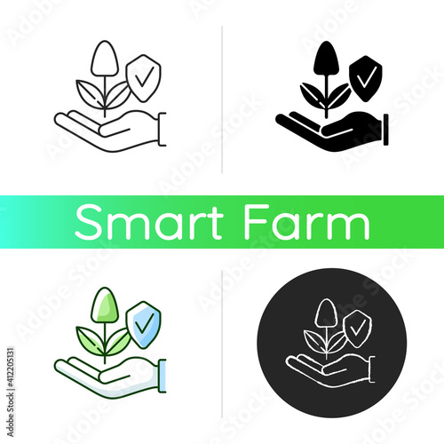 Sustainable agriculture icon. Smart farming. Ecofarm. Environmental protection. Chemical pesticides and fertilizers. Linear black and RGB color styles. Isolated vector illustrations
