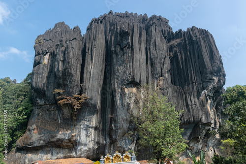 Panoramic view of massive and unusual karst rock outcrop known as Bhairaveshwara Shikhara with Bhairaveshwara temple located in Yana, Karnataka, India photo