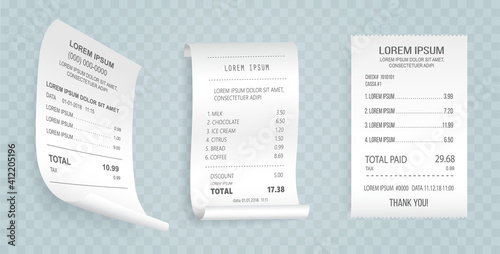 Payment check isometric set. Buying financial invoice bill purchasing calculate pay vector isolated. Receipt the seller forms at the online checkout for transfer to the buyer or client, paper piece