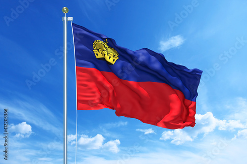 Liechtenstein flag waving on a high quality blue cloudy sky, 3d illustration